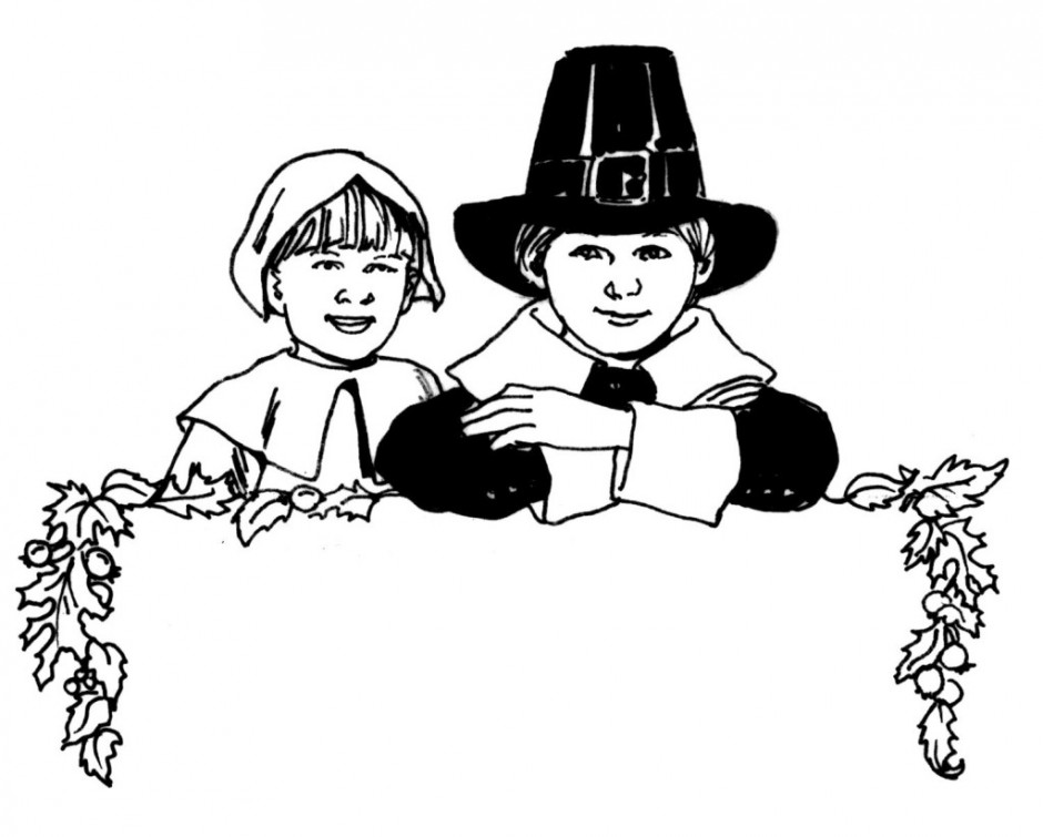 Cartoon Clipart Of A Black And White Happy Pilgrim Boy Over A 
