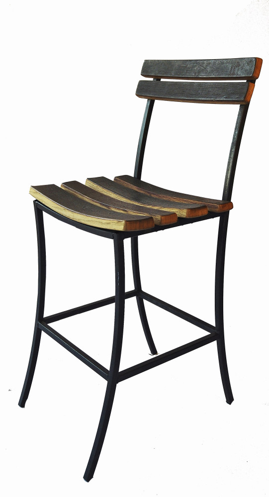 Wine Barrel Bar Stools With Iron Base and Wine Stave Back and Seat