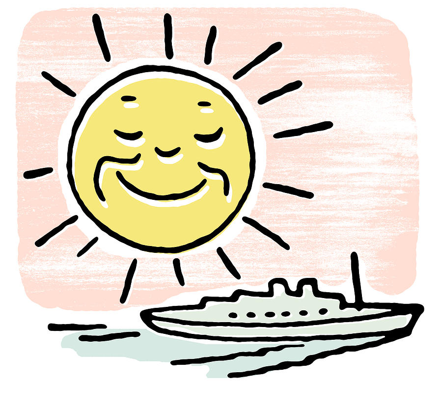 A Cartoon Image Of A Smiling Sun Over A Ship by Coco Flamingo - A 