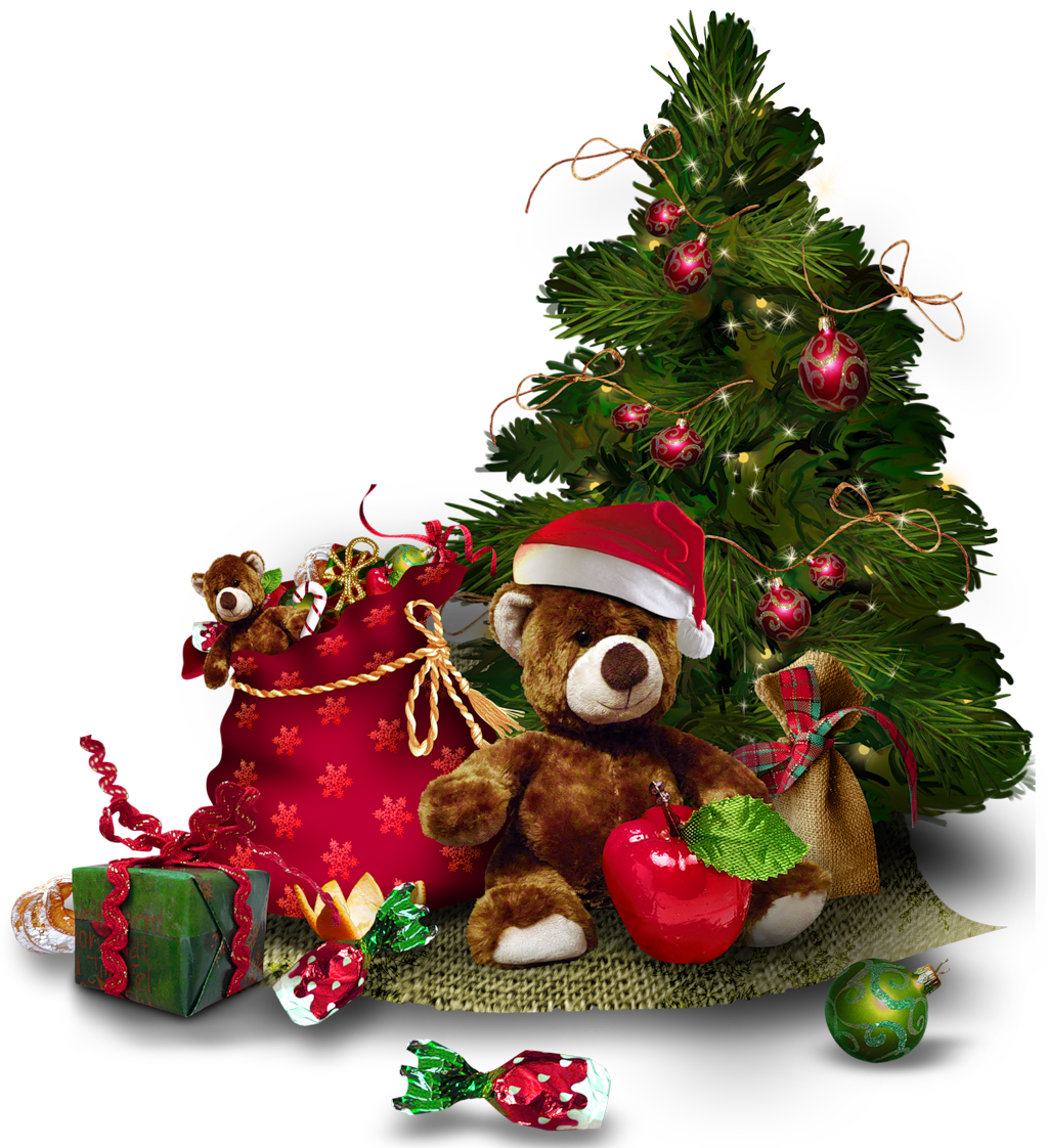 Transparent Christmas Tree with Teddy Bear PNG Clipart