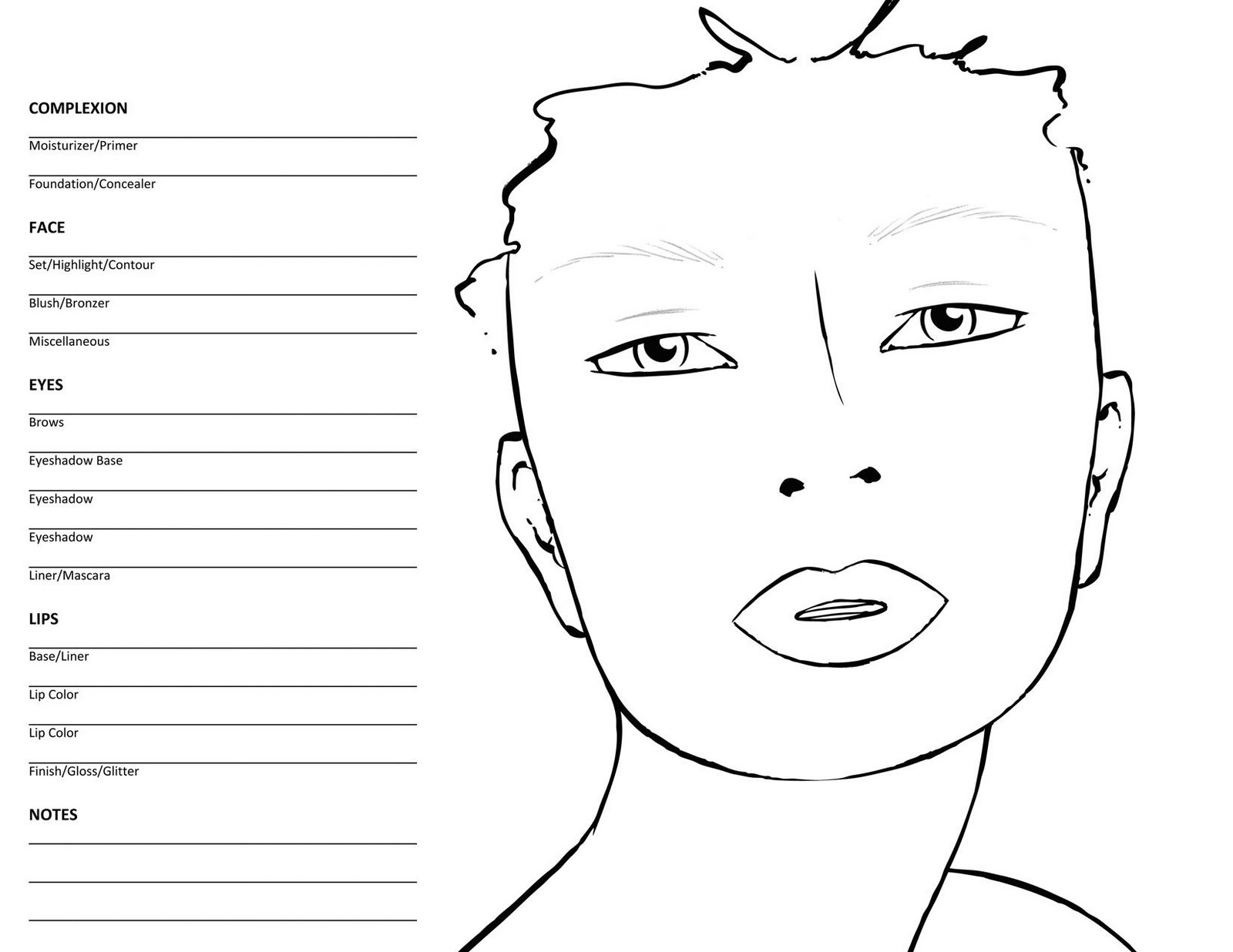 10 Blank Face Chart Templates (Male Face Charts and Female Face 