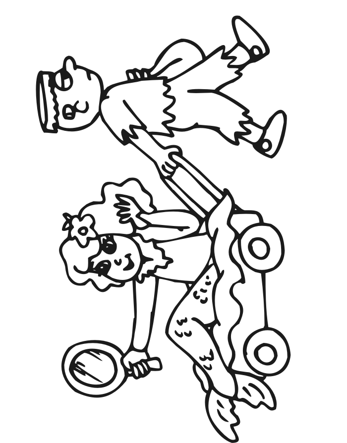 Halloween Coloring Page | Frankenstein and Mermaid costumes