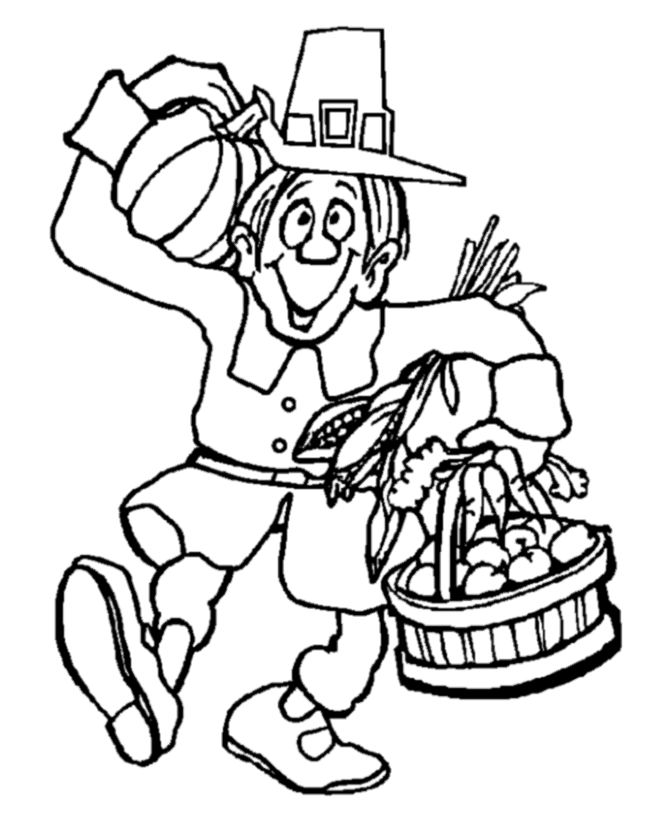 Thanksgiving Day Coloring Page Sheets - Pilgrim man with food 