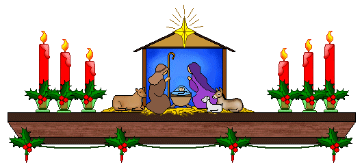 Mantle Clip Art - Christmas Mantle With Nativity Scene and Red Candles