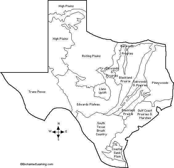 Natural Features of Texas, Outline Map Labeled 