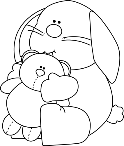 Black and White Bunny Hugging a Stuffed Bear Clip Art - Black and 
