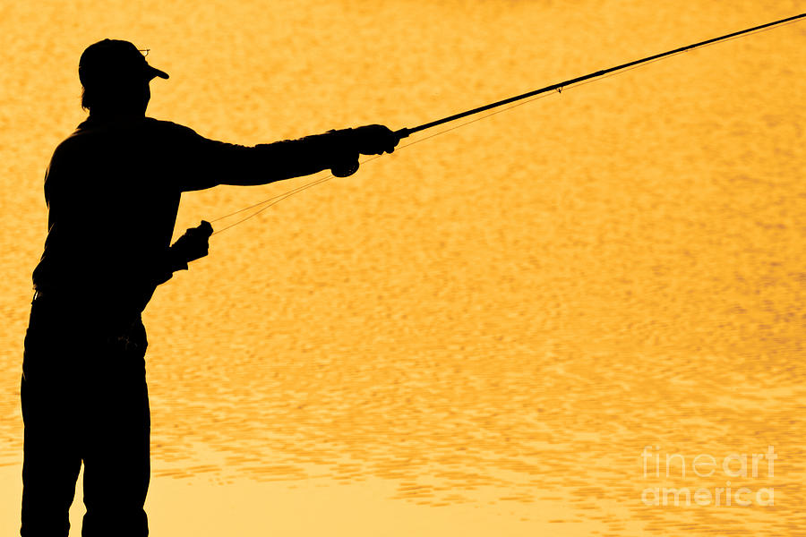 Silhouette Of A Fisherman Holding A Fishing Pole Gold by James BO 