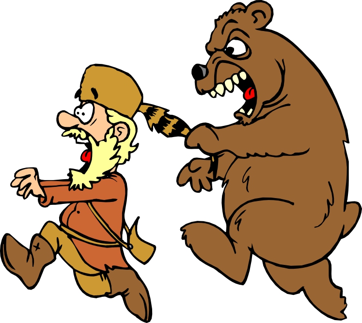 cartoon man chased by bear.
