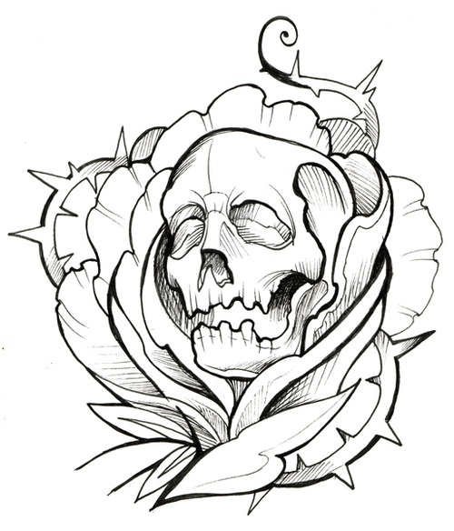 skull thorns rose ink tattoo outline | Tattoo Ideas | Clipart library
