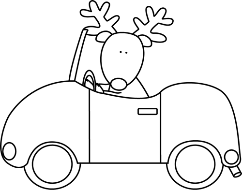 Black and White Reindeer Driving a Car Clip Art - Black and White 