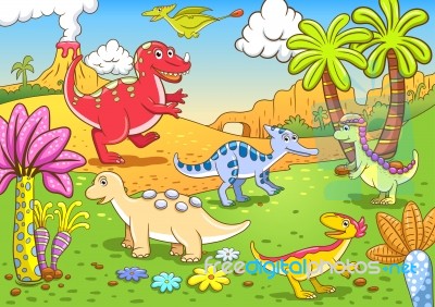Cute Dinosaurs In Prehistoric Scene Stock Image - Royalty Free 