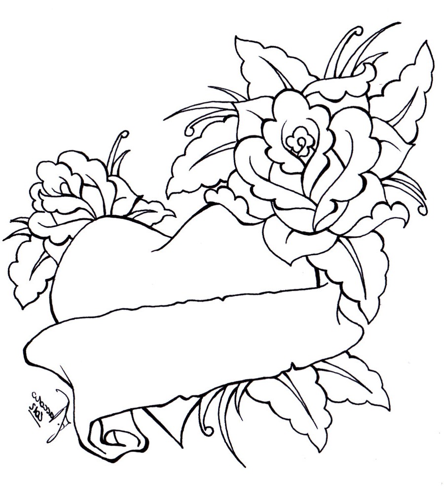 Free coloring pages of heart roses banner