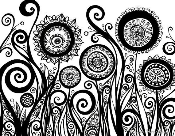 Original Ink Pen Drawing of Flowers, Swirls, and Pods - 11x14 