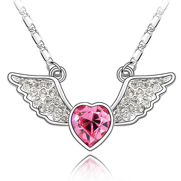 Bright Hot Pink Love Angel Heart Wing Birthday Princess Necklace 