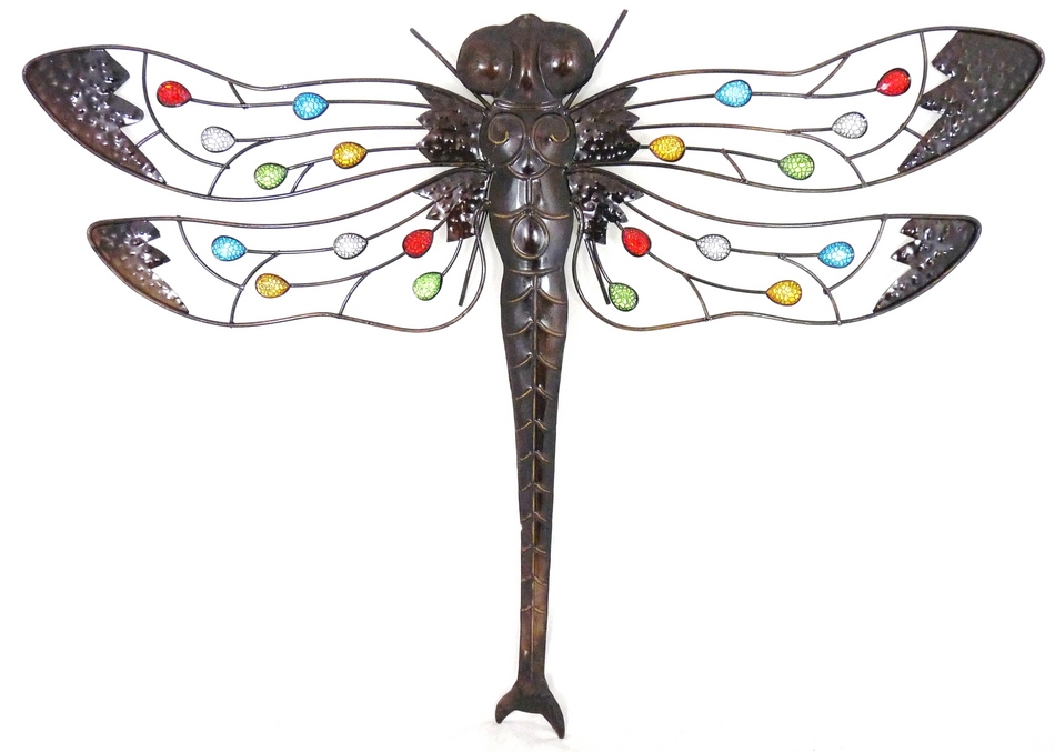 Giant Dark Metal Wall Art Hanging Dragonfly with Multicoloured 