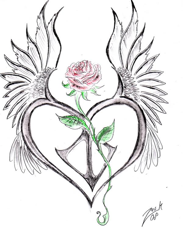 heart with rose and wings drawings