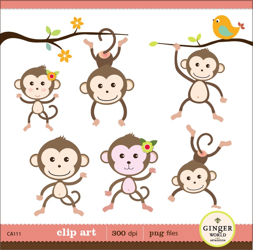 Monkey at Forest clip art digital illustration for by GingerWorld