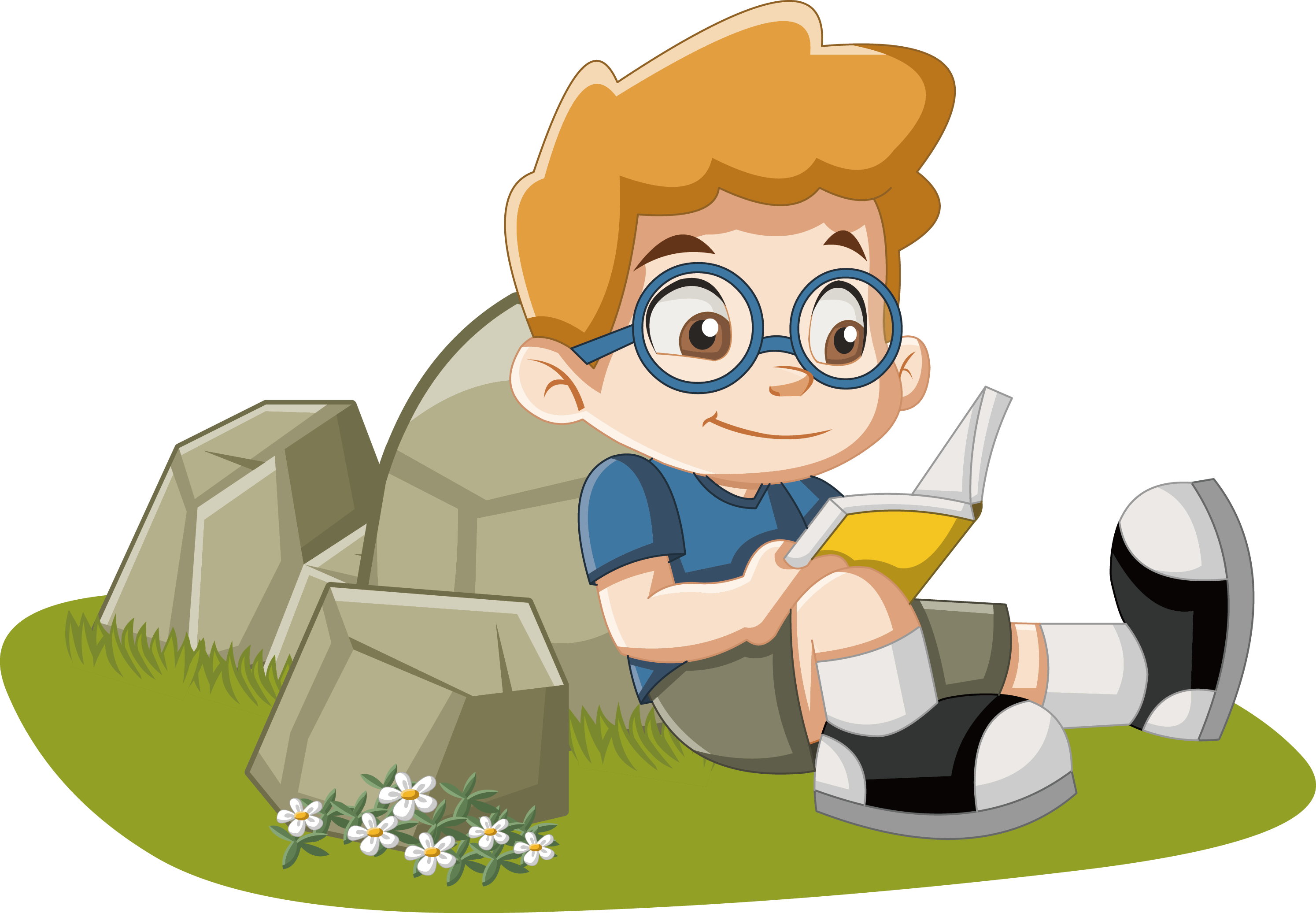 Child Cartoon - Reading a book sitting on the grass little boy png