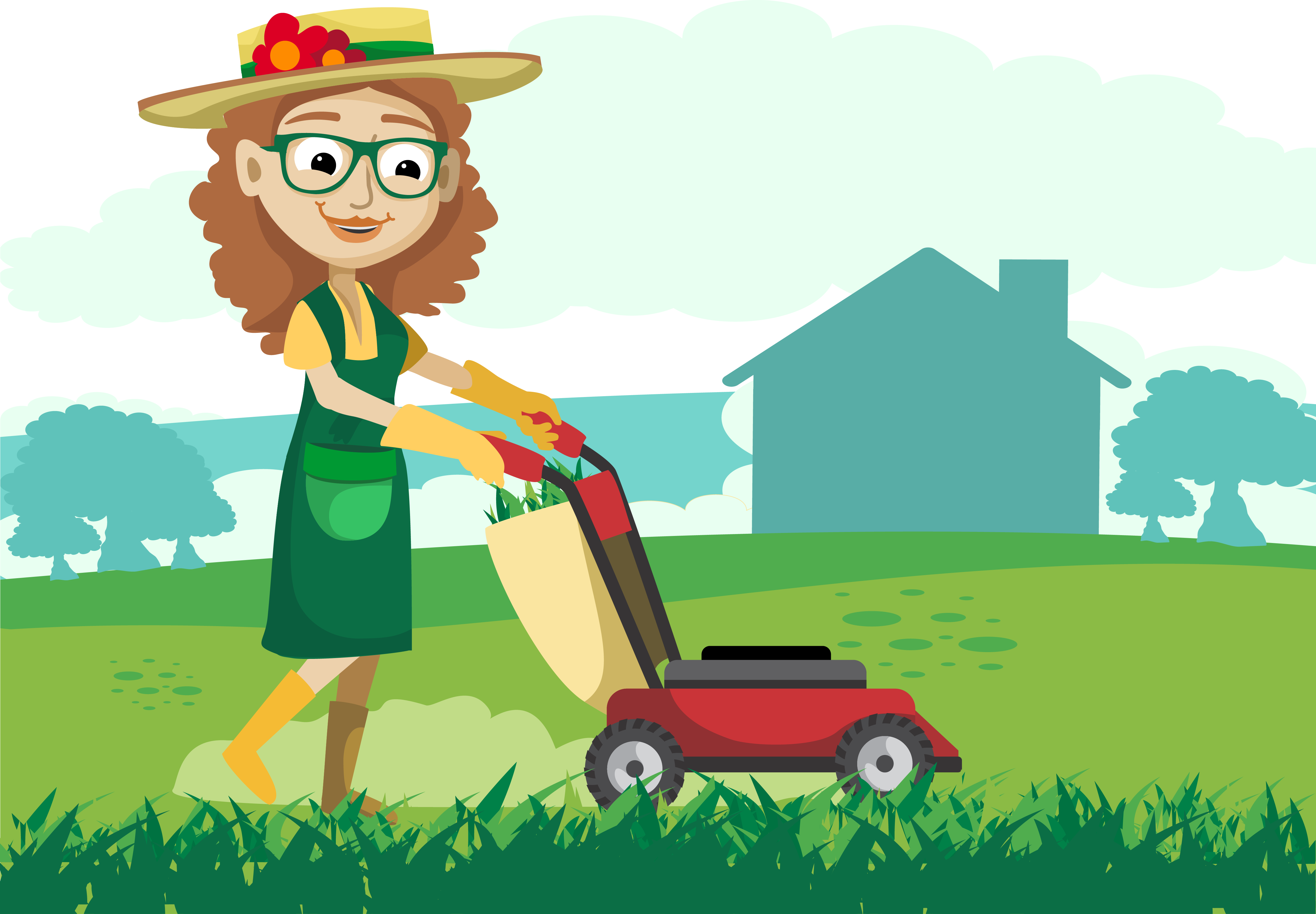cartoon woman mowing lawn.