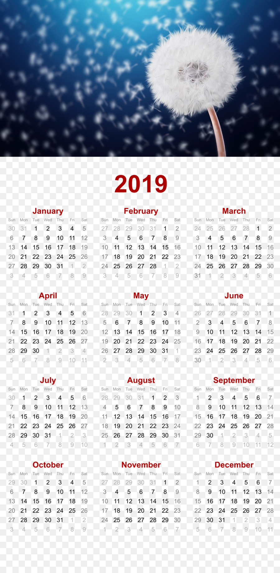2019 printable calendar - dandelion nature design. - others png download - 1280*2593 - Free Transparent 2019 Calendar Printable png Download.