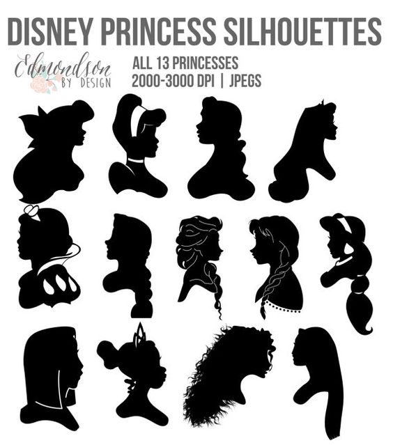 Disney Princess Silhouette JPG Black and White Clip Art Icons 