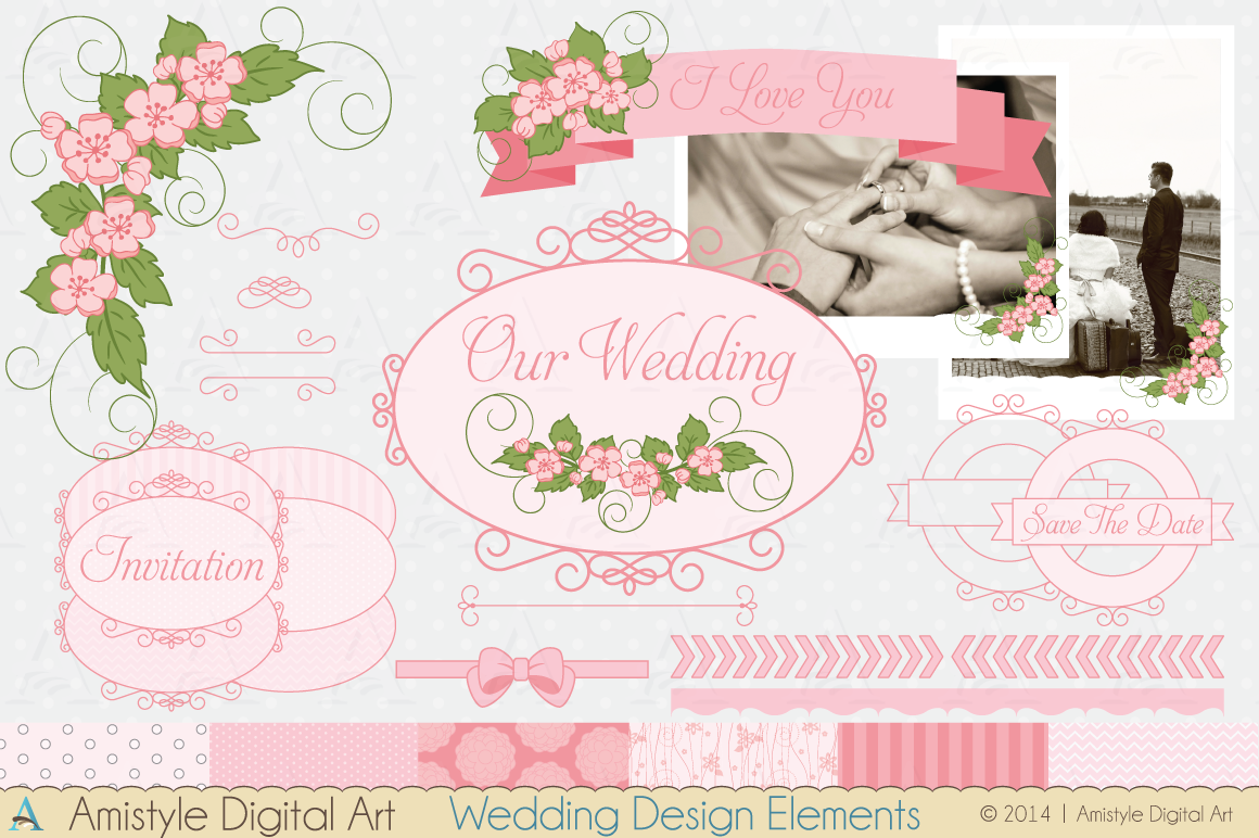 Wedding Design Elements and Papers for Invitations, Banners 