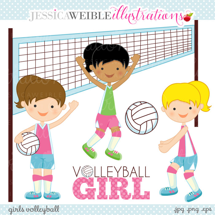 Girls Volleyball Cute Digital Clipart by JWIllustrations 