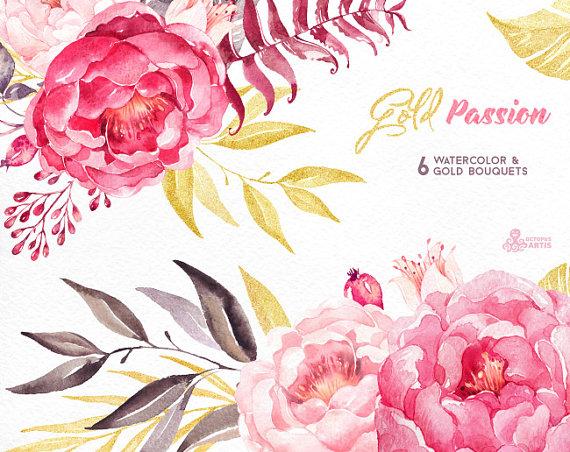 Gold Passion 6 Bouquets, Watercolor Hand Painted Clipart, Peonies 
