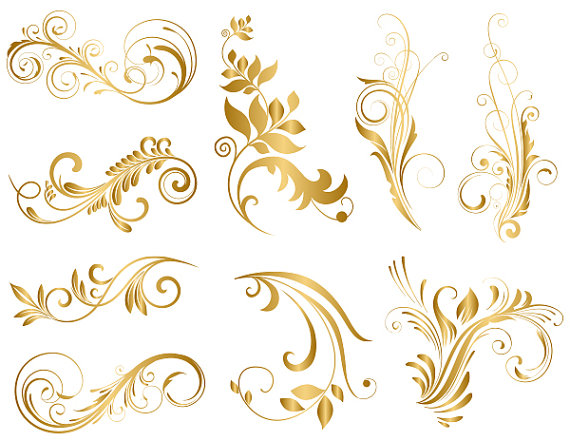 GOLD Digital Flower Flourish Swirl Clip Art by TracyDigitalDesign 