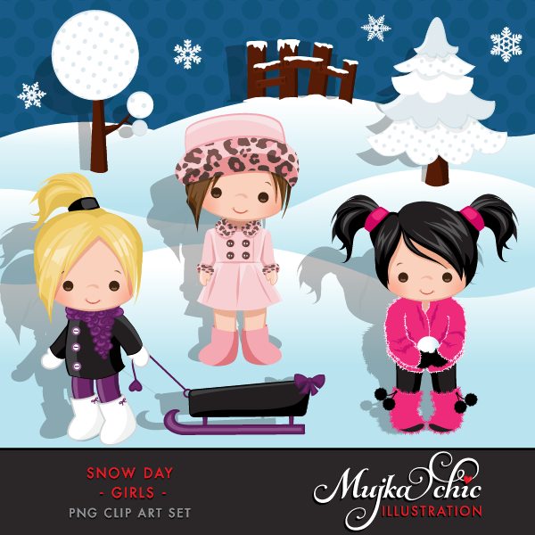 See more at www.mujka.ca/store Snow day Dark Skin Girls Clipart 
