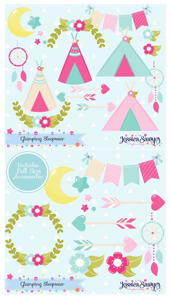 Glamping clipart for a glamping party, crafts, and products 