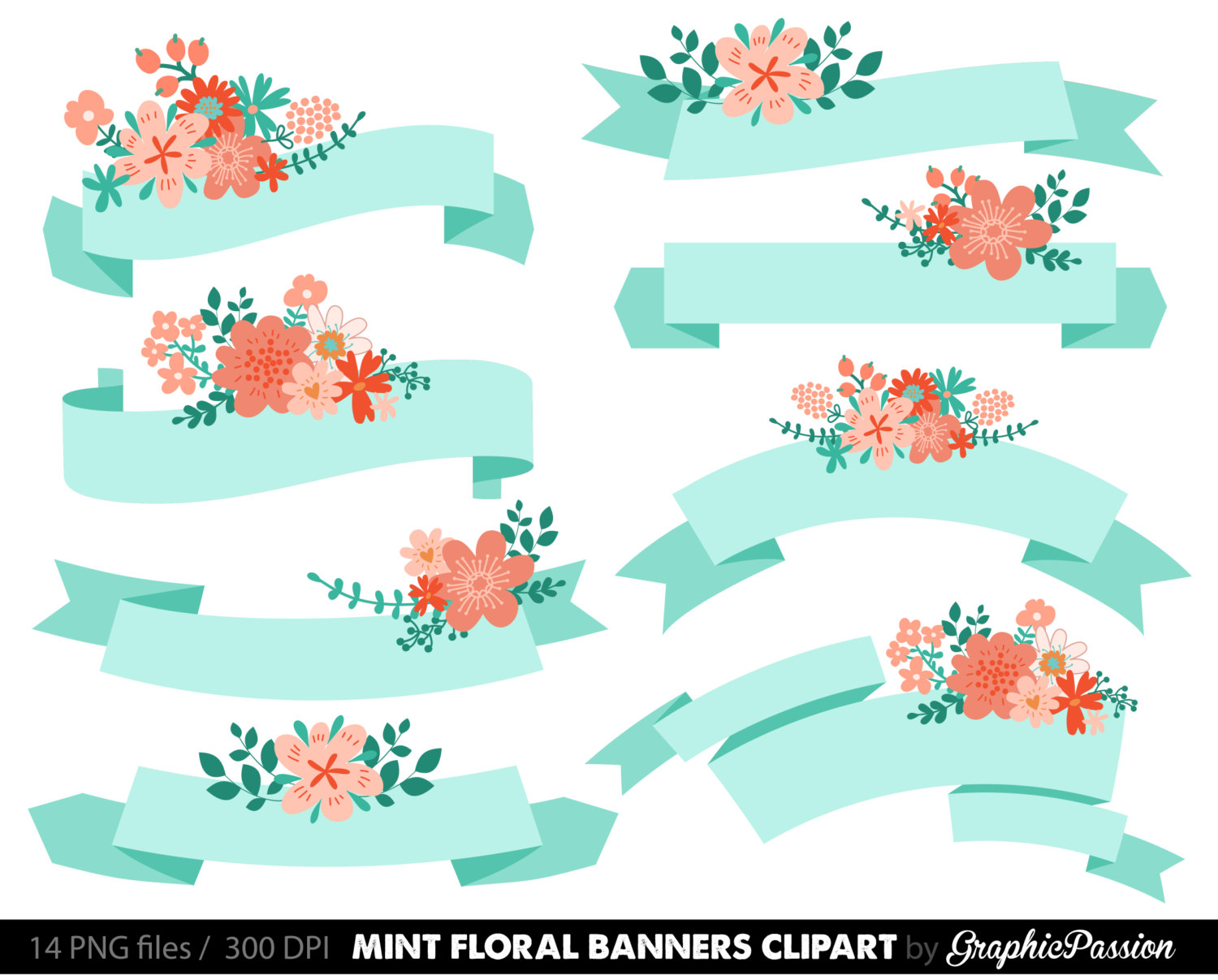 Digital Floral Banners Clipart Mint Digital Wedding Floral 