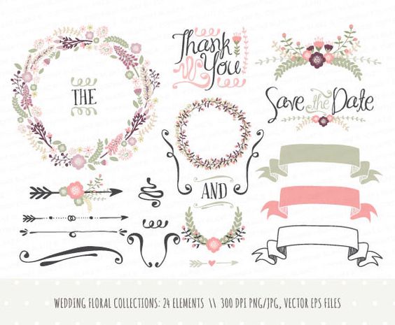 Wedding invitation clip art collection: hand drawn wreaths 