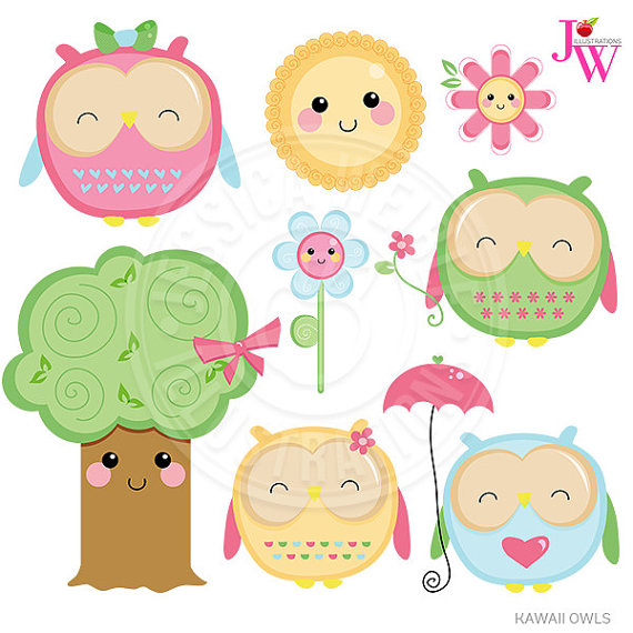 Kawaii Owls Cute Digital Clipart, Cute Owl Clipart, Owl Clip Art 