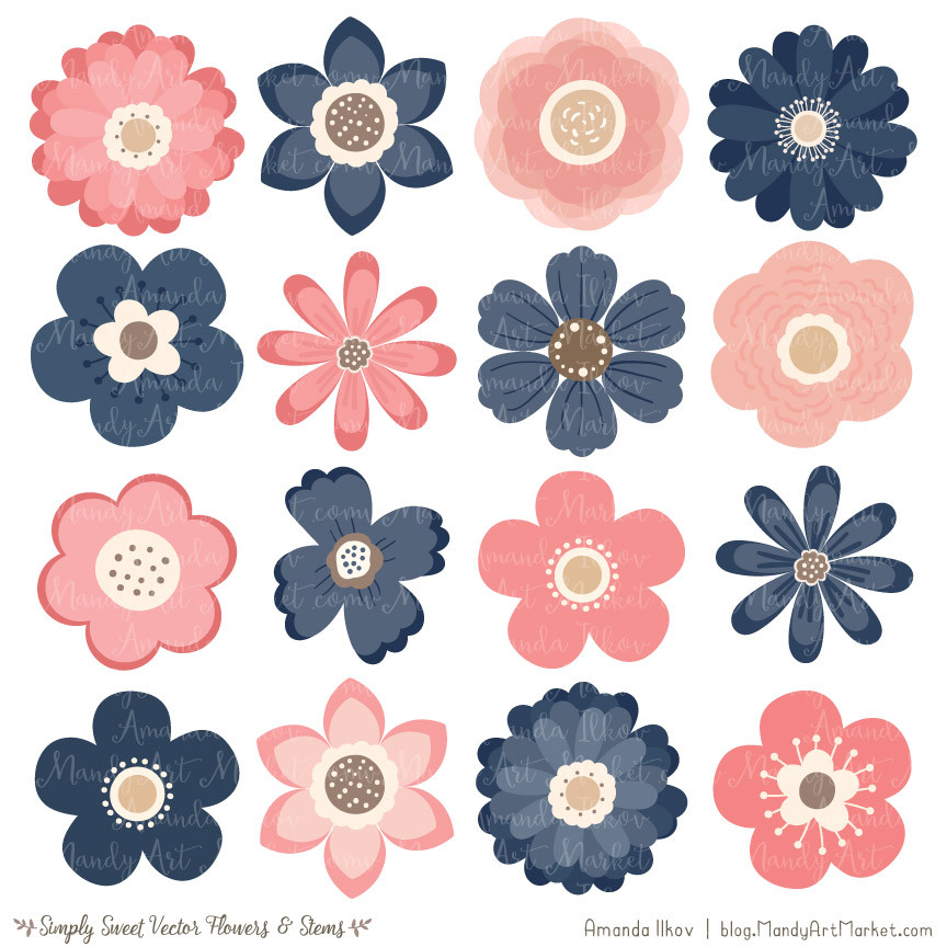 Cute Flowers Clipart in Navy  Blush – Mandy Art Market 
