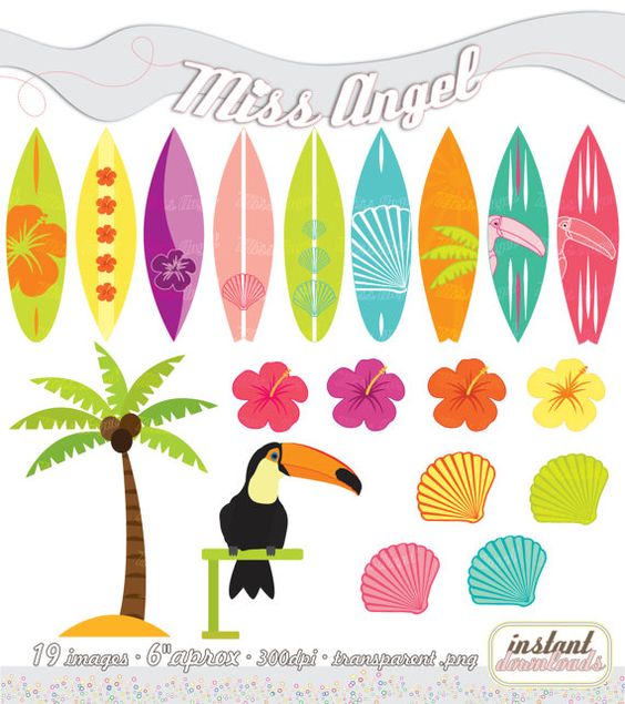CLIPART SET Summer, Printable Surfboards, Palmtree, Toucan, Shells 