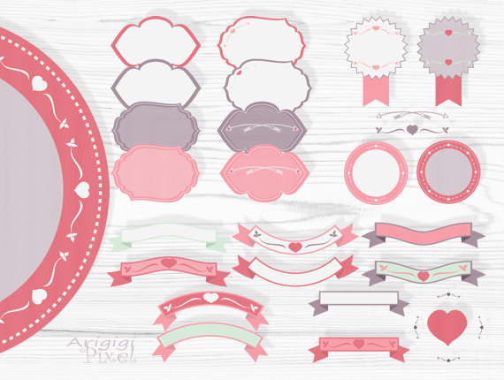 pink retro frames and text dividers clipart set for Valentine 