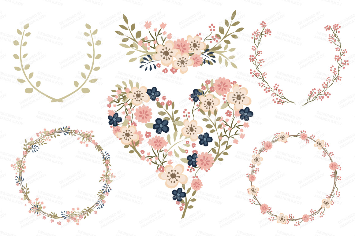 Clara Vintage Floral Wedding Heart Clipart in Navy  Blush by 