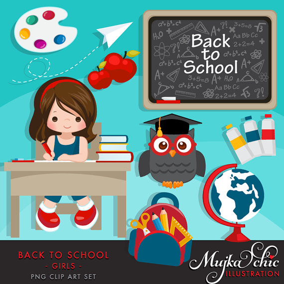 Back to school Clipart. Cute students, black board, school 