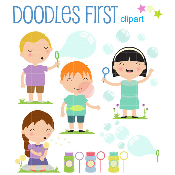 Kids Blowing Bubbles Gum And Dandelions Digital by DoodlesFirst 