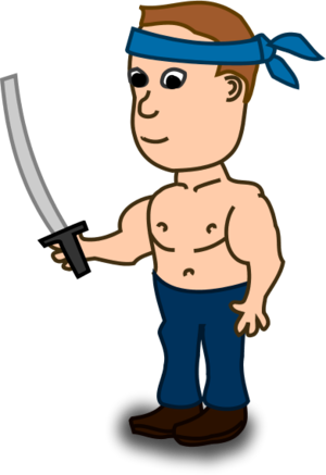 man holding sword and wearing head band 