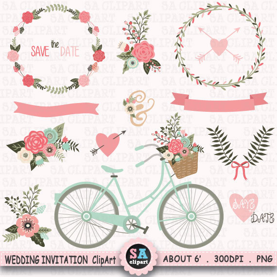 Wedding Invitation Clipart WEDDING CLIP ART,Floral Bicycle 