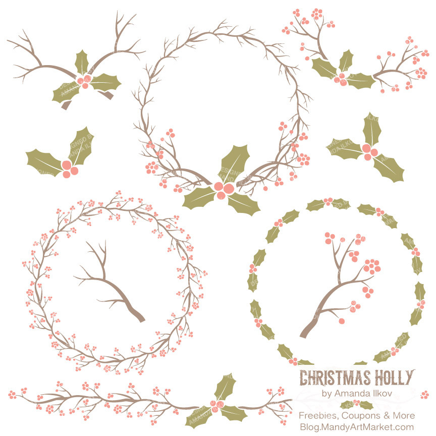 Holly Wreaths Clipart in Vintage � Mandy Art Market 