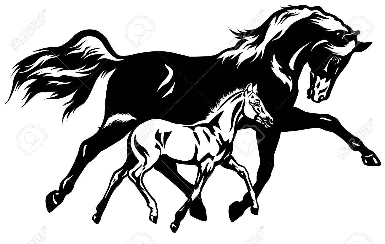 Mare and foal clipart with tree 