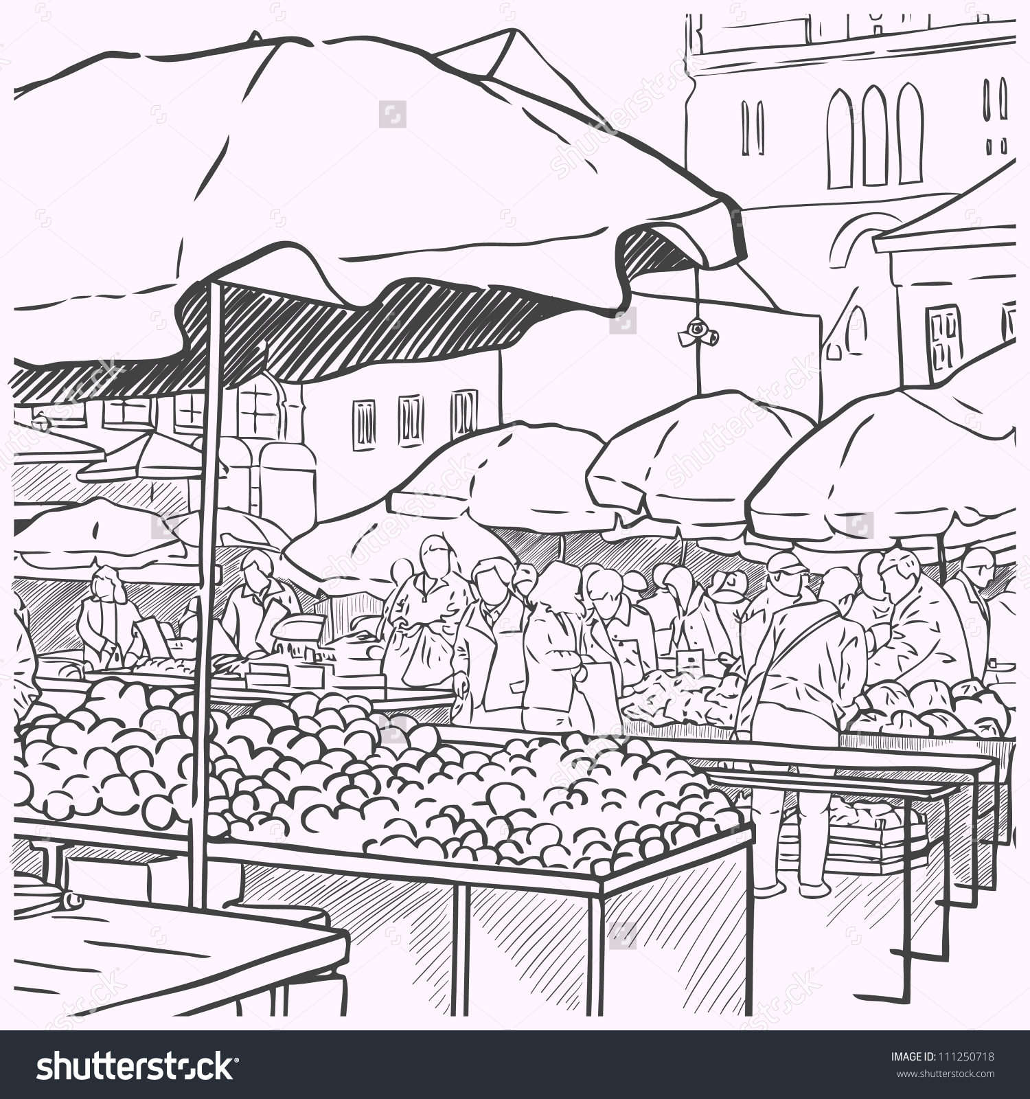Outdoor market tents and people clipart black and white 