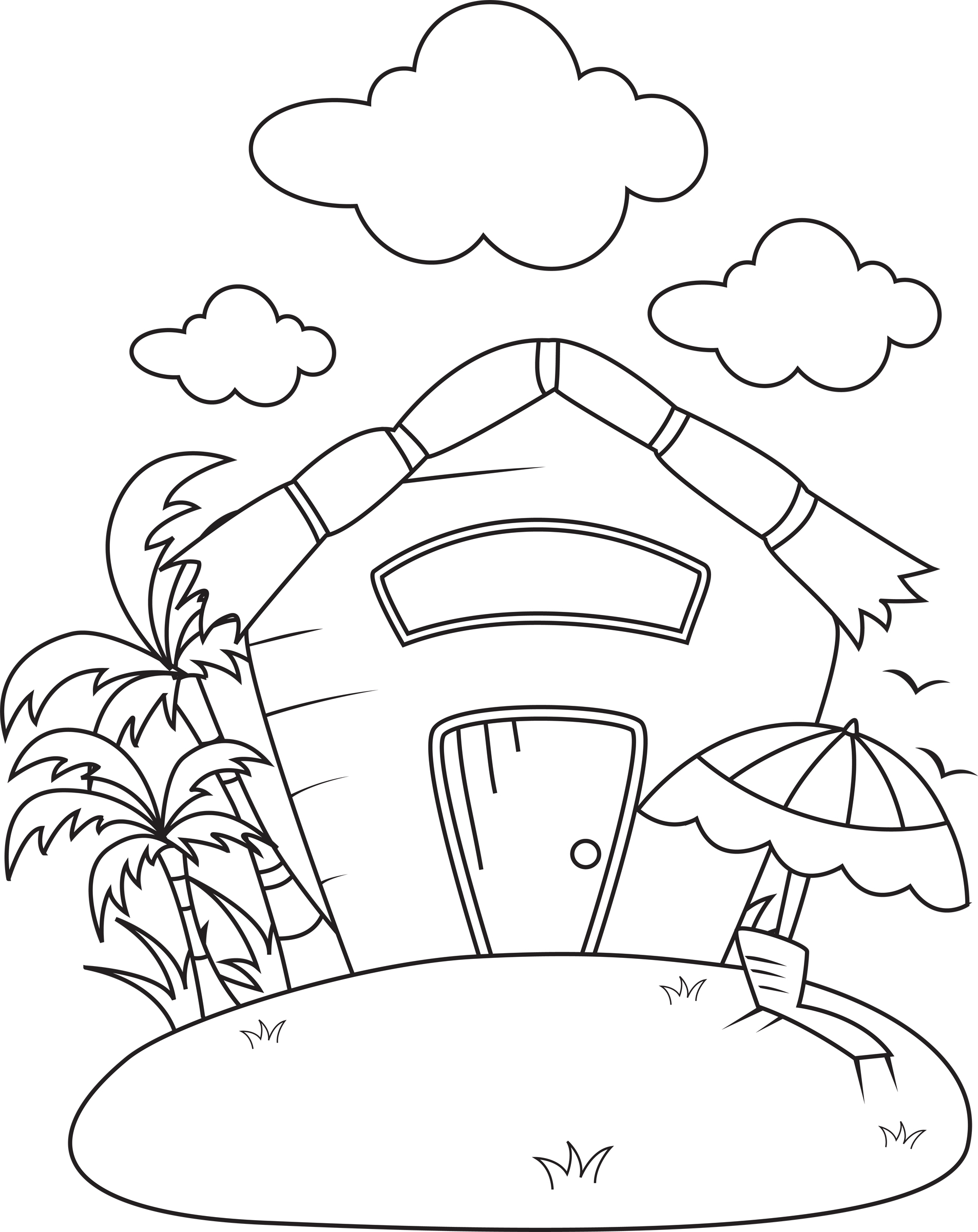 Palm tree hut clipart black and white 
