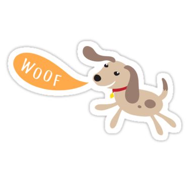 Little dog saying woof. Cute cartoon sticker. 
