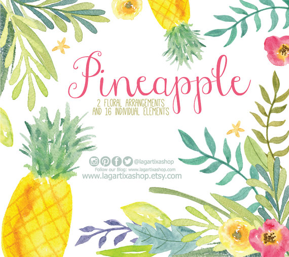 Pineapple Watercolor Clipart, Florals PNG, Hawaiian Wedding 