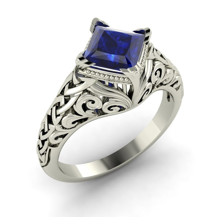 Natural Blue Sapphire Engagement Ring in 14k White Gold Vesna Ar 