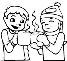 Clipart kids sipping hot chocolate inside window winter 